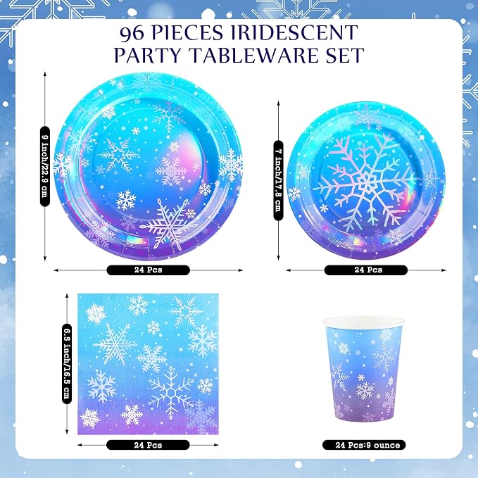 Kochorie 96 Pieces Frozen Iridescent Winter Snowflake Birthday Party Supplies