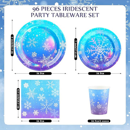 Kochorie 96 Pieces Frozen Iridescent Winter Snowflake Birthday Party Supplies