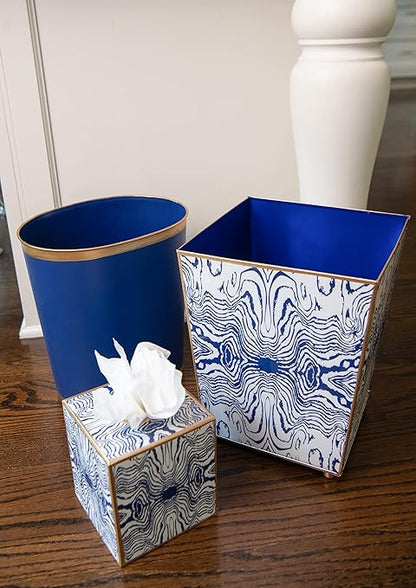 Jaye's Studio Mattie Line, Oval Wastebasket & Garbage Bin, Gold Trim & Finish, Hand-Painted, Handcrafted Metal, Trash Bin for Bedroom, Office, Bathroom, 12" x 10" x 8" (Navy)