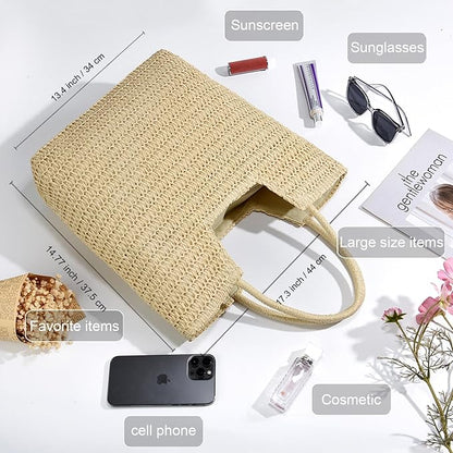 Straw Beach Bags for Women Woven Beach Tote Bag Casual Boho Large Shoulder Handbags Purse for Vacation Holiday