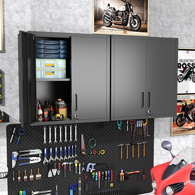 Garage Wall Cabinet with Doors and Shelves, Metal Wall Mounted Storage Cabinet with Lock, Hanging Tool Cabinet for Garage Utility Room, Black
