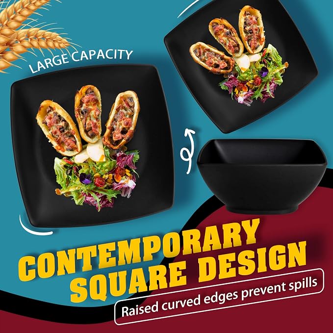 Teivio 16-piece Plastic Wheat Straw Square Dinnerware Set