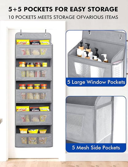 Meolsaek Over the Door Organizer,46lbs Load and Anti-Tilt Design，5 Tier Behind the Door Storage 5 Side Pockets，Perfect for Closet Organizers, Bathroom Storage