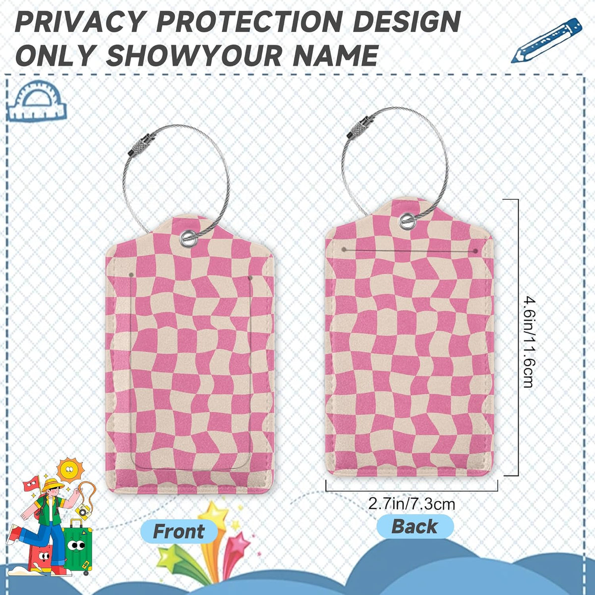 2 Pack Luggage Tag for Suitcase, Groovy Pink Checkerboard Leather Bag Tags Identifiers Privacy Cover ID Label with Durable Steel Loop for Women Men Kids Girls Travel