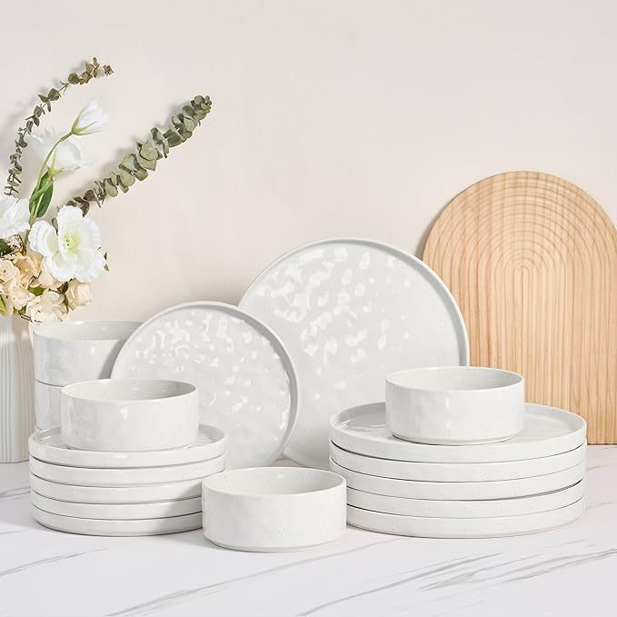 Herogo 18 Pieces Plates and Bowls Sets for 6, Stoneware Dinnerware Set for Kitchen, Ceramic Dinner Dishware, Dishwasher & Microwave Safe, Speckled White