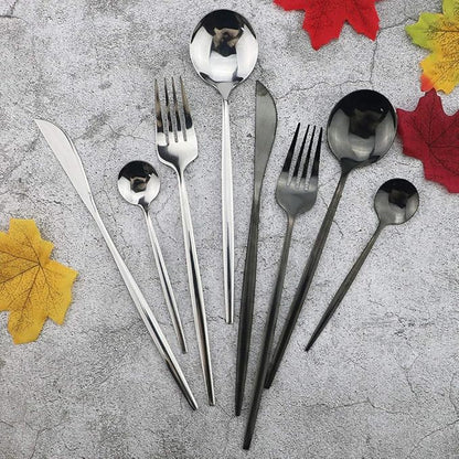 JASHII Black Flatware Serving Set 24 Piece, Stainless Steel Silverware Set, Titanium Black Cutlery, Modern Elegant Tableware for Party, Christmas, Dinner