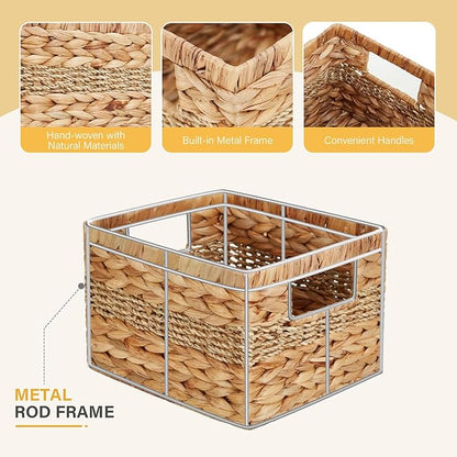 Water Hyacinth Wicker Basket, Decorative Woven Baskets with Built-in Handles, Hand-woven Storage Organizer for Organizing Pantry, Livingroom, Bedroom, Shelves, Toilet(2-PACK, Blended)