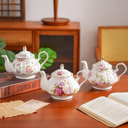 Flower Ceramic Teapot,22oz Porcelain Tea pot for Tea Coffee Milk for Office Home Men Women as Gift (Rose)