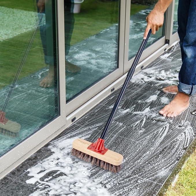 Deck Brush with Long Handle, 52'' Palmyra Bristle Scrub Broom for Boat, Patio, Garage, Concrete, Shower, Bathroom Cleaning, Outdoor Floor Scrubber