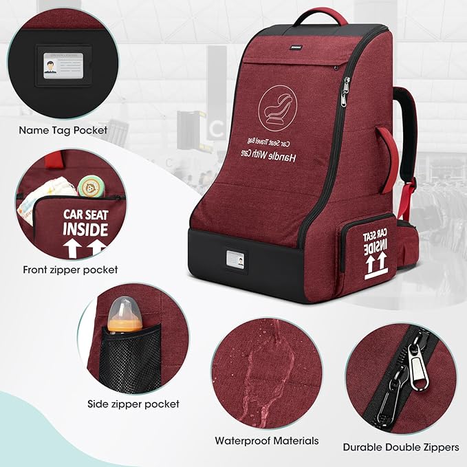RAINSMORE Padded Car Seat Travel Bag for Airplane Heavy Duty Car Seat Backpack for Air Travel Baby Carseat Cover Bags for Airport Large Car Seats Carrier Fits Car Seats & Booster Seats,Red