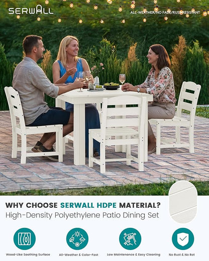 SERWALL Outdoor Dining Set for 4, HDPE Square Table and Chairs Set All Weather