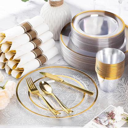 Goodluck 350 Piece Gold Plastic Dinnerware Set for Party, Clear Disposable Plates for 50 Guests, Include: 50 Dinner Plastic Plates, 50 Dessert Plates, 50 Pre Rolled Napkins with Cutlery Set, 50 Cups