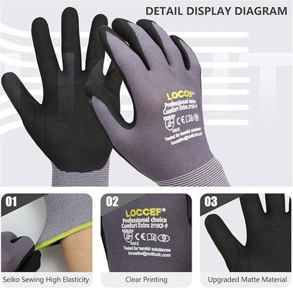 LOCCEF Work Gloves MicroFoam Nitrile Coated-6 Pairs,Seamless Knit Nylon Gloves,Gray Work gloves