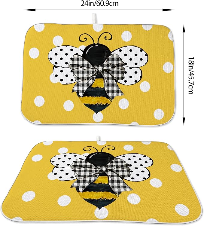Yellow Bee Dish Drying Mat for Kitchen Counter 18x24 Inch Polka Dots Dish