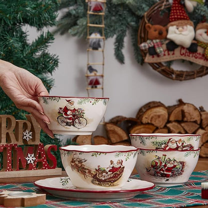 Bico Santa On The Way Cereal Bowls Set of 4, 25 oz Deep Ceramic Soup Bowls for Cereal, Salad, Noodles, Kitchen, Microwave and Dishwasher Safe, Gift for Housewarming and Christmas
