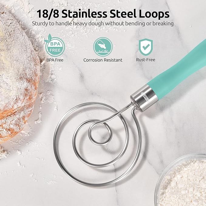 U-Taste 12.6in Danish Dough Whisk: 18/8 Stainless Steel Heavy-Duty Sourdough Mixer Tool, Food Grade Dutch Style Seamless Bread Wisk, Sturdy for Mixing, Stirring, Kneading Thick Batter (Aqua Sky)