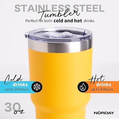 NORDAY | Tumbler with Lid - 30oz - Yellow Insulated Tumbler - Stainless Steel Tumblers - Double Wall Vacuum Insulated Travel Coffee Mug for Car Cup Holder - Keeps Temperature for 24hr - Anti Spill Lid