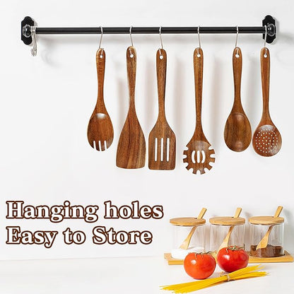 Pleafind Natural Solid Wooden Utensil Set - 10 Pcs, Non-stick Wooden Spoons for Cooking, Soft Comfort-Grip Wooden Cooking Utensils Set, Wood Kitchen Utensil Set for Non-Stick Cookware