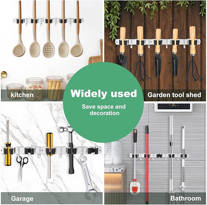 5Pcs 5 Racks 4 Hooks Stainless Steel Broom Mop Holder Anti Slip Wall Mount Broom Storage Rack Strong Load Bearing Waterproof Mop Broom Organizer for Bathroom Kitchen Garage