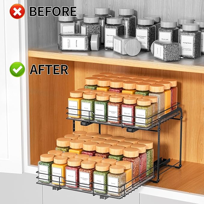 RCHYFEED Spice Rack Organizer for Cabinet, 2 Tier Slide out Spice Organization for Inside Cabinets & Pantry, Heavy Duty Adjustable Metal Spice Racks for Seasoning Organizer (13.5" Wx10.5 Dx9.5 H)