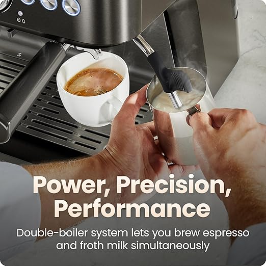 Chefman Crema Deluxe Espresso Machine with Double Boiler, Use Milk Frother and Brew Espresso Simultaneously, Professional Coffee Maker with Coffee Grinder and Steam Wand, 30 Grind Settings