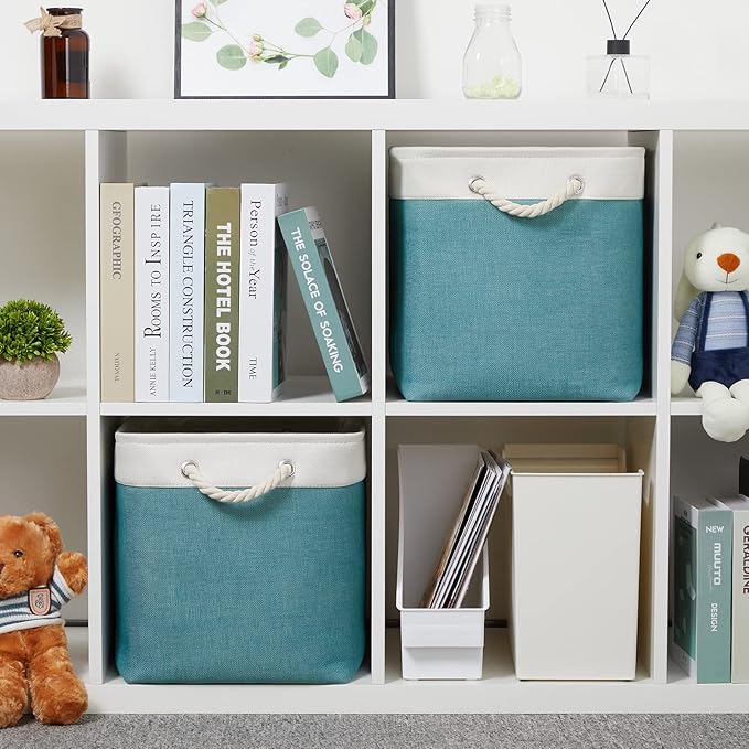 Temary Fabric Baskets Storage Baskets for Organizing 2 Pcs Decorative Baskets for Gifts Empty Collapsible Storage Bins for Home Closet(White&Teal,16Lx12Wx12H Inches)