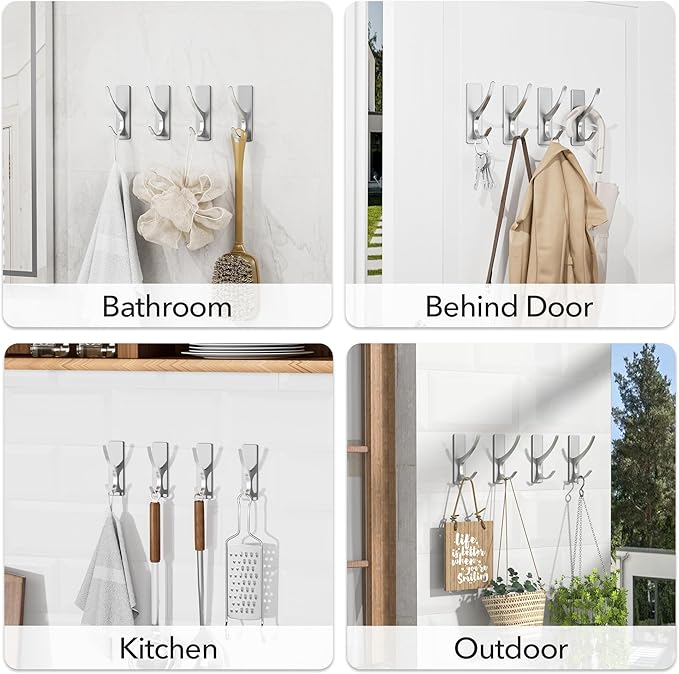 Stick on Hooks for Hanging, Extra Sticky 6KG (Max), Coat Hook on Door for Towel Coat Hat Key, Self Adhesive Hangers Wall Mounted, Silver, 6 Pack