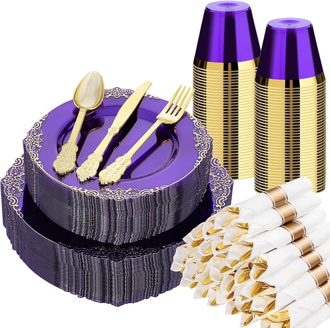 Bestluck 350PCS Purple Disposable Dinnerware