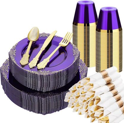 Bestluck 350PCS Purple Disposable Dinnerware