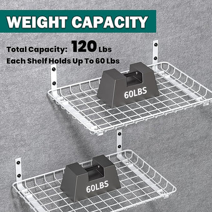 EVERHANGER Garage Wall Shelves 12x18 Inch, Wall Mounted Storage Shelf, Metal Shelf Rack, Heavy-Duty Shelf Organizer 2 Pack, White