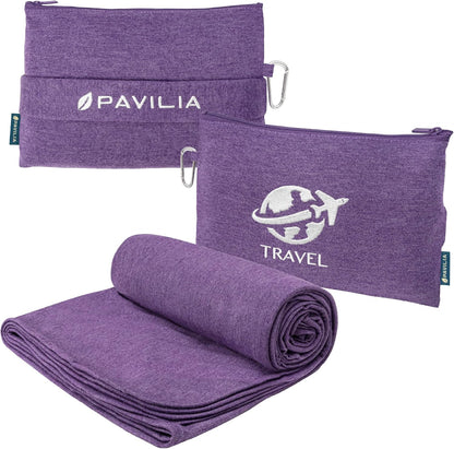 PAVILIA Travel Blanket Compact, Airplane Packable Bag, Soft Fleece Portable Throw Pillow Combo Set, Plane Flight Car Trips Essentials Gift Accessories, Luggage Backpack Clip, Purple, 65 x 40 Inch
