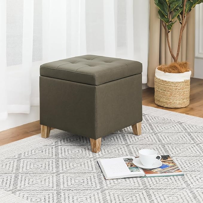Adeco Fabric Storage Ottoman Bench with Solid Wood Legs, 17.7" Square Olive Green Leathaire Cube Foot Stool, Upholstered Button Tufted Vanity Chair with Hinged Lid for Living Room, Bedroom, Dorm