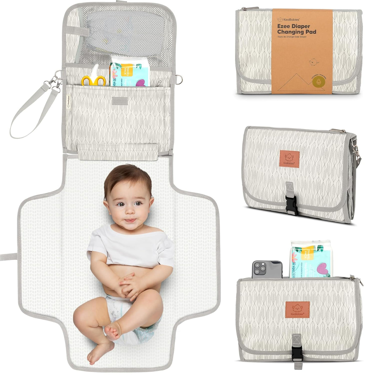 KeaBabies Portable Diaper Changing Pad - Large Waterproof Baby Changing Mat, Compact Travel Diaper Clutch, Functional Pockets Fit Newborn Essentials, Wipeable & Padded Baby Changer (Prism)
