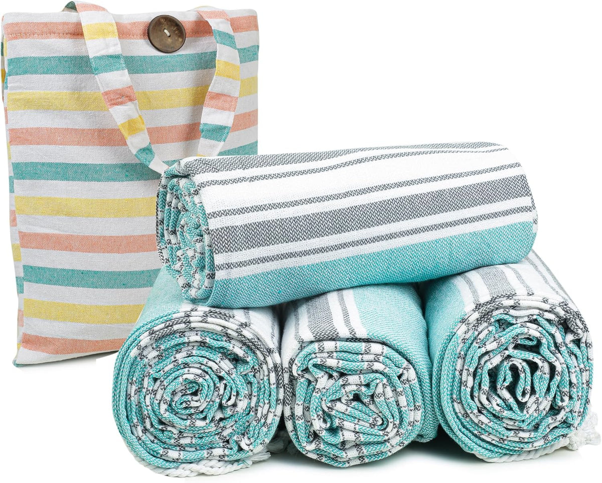 HILLFAIR Cotton Turkish Beach Towels, Quick Dry Lightweight Sand Free Peshtemal Towel for Bath Swim Yoga Pool Travel, Beach Accessories, Oversized Cotton Turkish Towel (39 x 72 inch- 4 Pack Aqua Grey)
