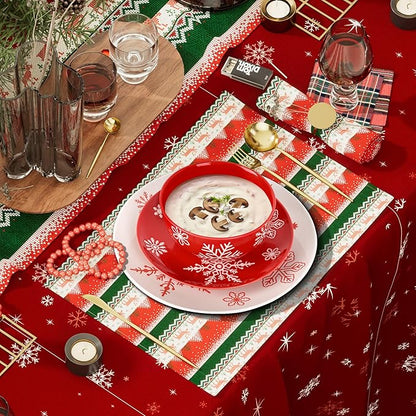 4 Pcs Christmas Cereal Bowls, 23 Oz Ceramic Bowl Set, Deep Serving Bowls, White Red Snowflake Xmas Holiday Soup Bowls for Salad, Dessert, Pasta, Ice Cream, Dishwasher and Microwave Safe
