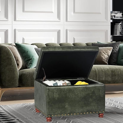 24'' Leather Ottoman with Storage Rectangle Foot Rest Ottomans Stool for Living Room(Green,Leather Texture)