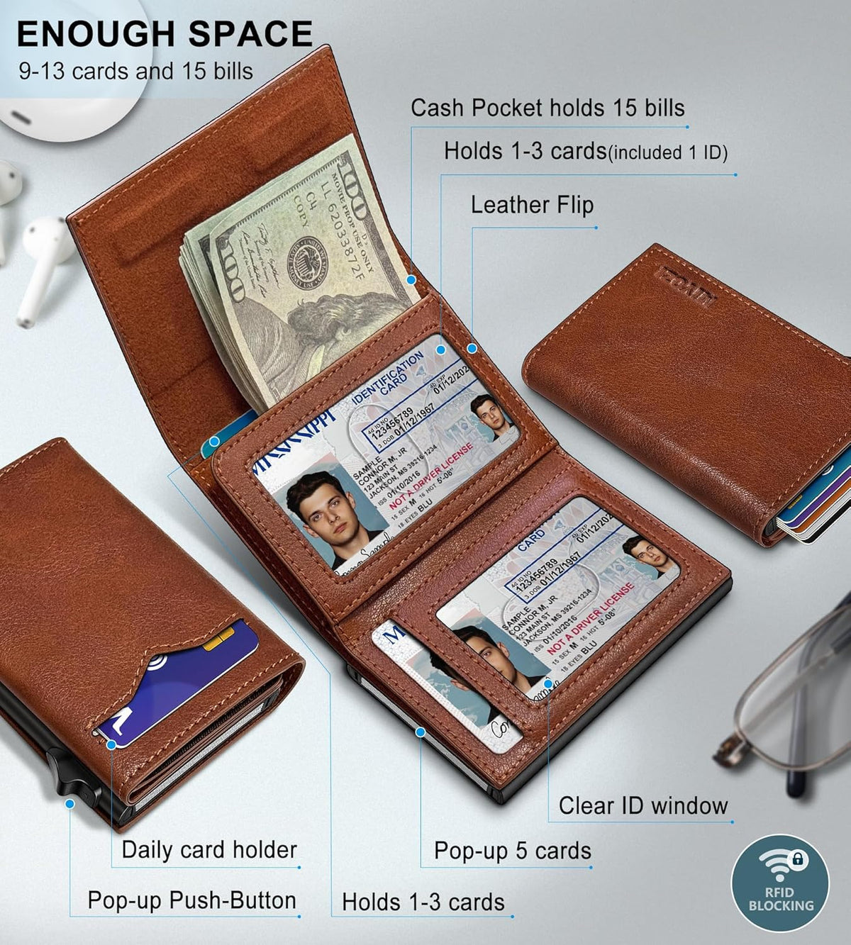 Wallet for Men,with Cash Pocket 2 ID Window 9-13 Cards,Metal Case Smart Slim Pop Up Credit Card Holder Flip with Magnetic Closure RFID Blocking Trifold wallet with Gift Box