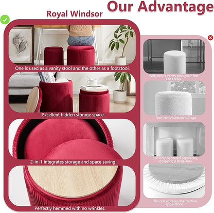 Royal Windsor Round Ottoman with Storage Set of 2,Vanity Stool with Storage for Bedroom, Ottoman Coffee Table,Small Velvet Foot Stool for Living Room, Burgundy