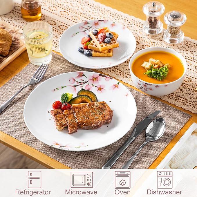 VEWEET Porcelain Dinnerware Sets for 4, 12 Pieces Plates and Bowls Set with Pink Floral, Kitchen Dishes Set Dining Ware for Family, Microwave and Dishwasher Safe, Series ANNIE