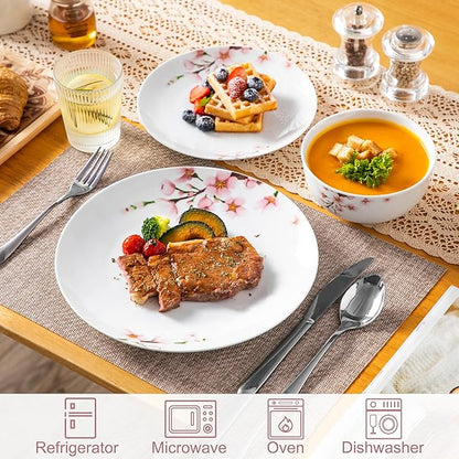 VEWEET Porcelain Dinnerware Sets for 4, 12 Pieces Plates and Bowls Set with Pink Floral, Kitchen Dishes Set Dining Ware for Family, Microwave and Dishwasher Safe, Series ANNIE