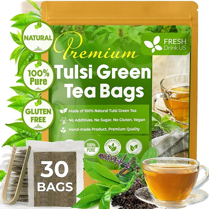 FreshDrinkUS, Premium 30 Tulsi Green Tea Bags, 100% Natural, Blend of Tulsi Holy Basil Leaves, and Green Tea Leaves. Made with Natural Material Tea Bags. No Sugar, Vegan.