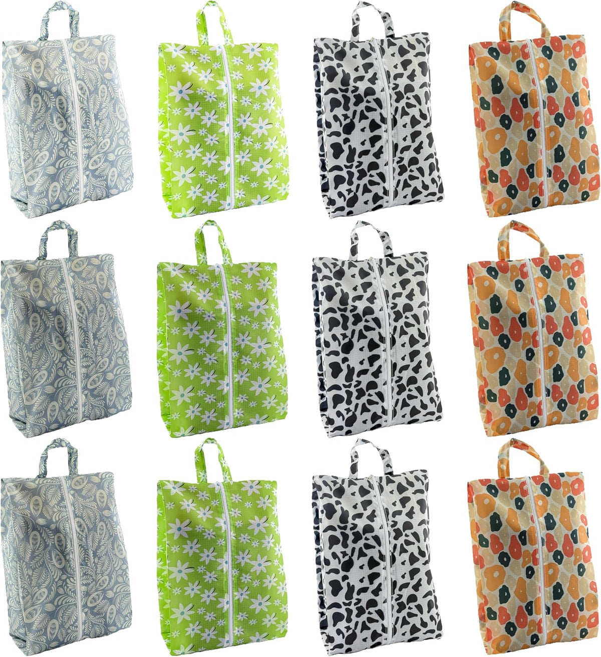 Travel Shoe Bags, Set of 12, Large Oxford Fabric Storage Bags with Zipper and Handle, Water-Resistant Pouches (Colorful patterns)