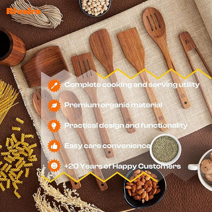 Riveira Teak Wooden Cooking Utensils Set of 9 Premium Quality Non-Toxic Wooden Spoons & Spatulas for Cooking, Stirring, Flipping & Serving