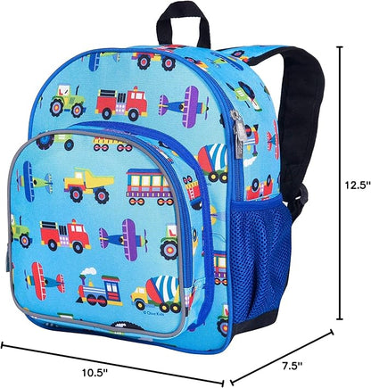 Wildkin 12-inch Kids Backpack – Padded, Adjustable, Ideal for Daycare & Travel - Trains, Planes, and Trucks