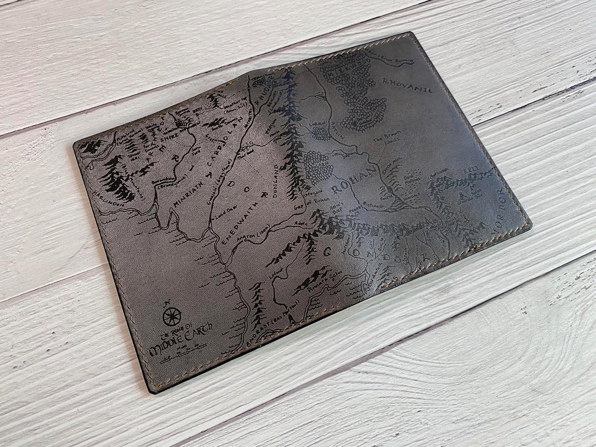 Handmade Leather Passport Wallet with Ancient Map Design, 4 Pockets, Genuine Brown Leather - 1SM