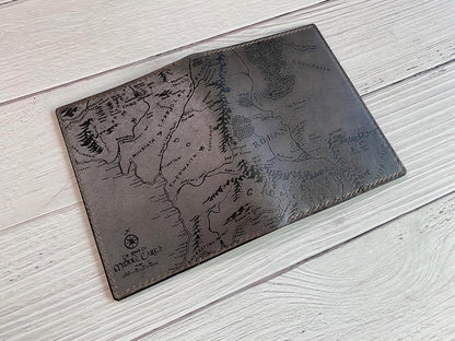Handmade Leather Passport Wallet with Ancient Map Design, 4 Pockets, Genuine Brown Leather - 1SM