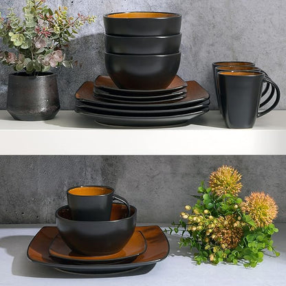 Gibson Elite Soho Lounge Square Reactive Glaze Stoneware Dinnerware Set, Service for 4 (16pc), Amber