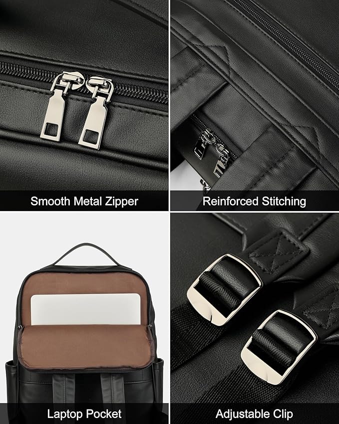 MASINTOR 15.6 inch PU Leather Laptop Backpack Purse for Women, Large College Casual Backpack Travel Bag Black
