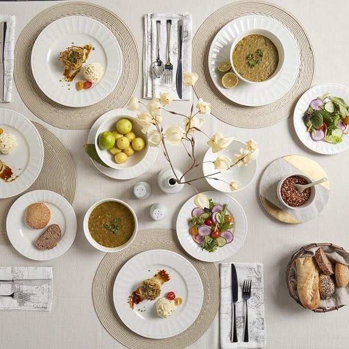 Tabletops Gallery Embossed Bone White Porcelain Round Dinnerware Collection-