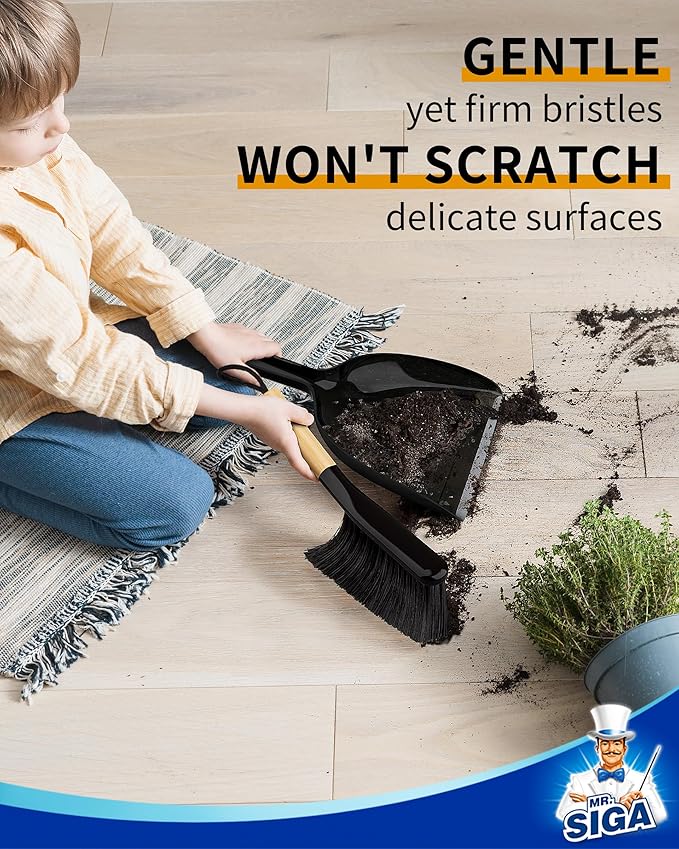 MR.SIGA Dustpan and Brush Set, Portable Cleaning Brush and Dustpan Combo with Bamboo Handle, Black, 1 Set